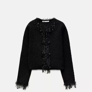 New Zara Frayed beaded trim knit sweater